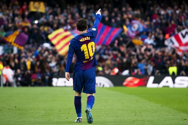 바르셀로나의 리오넬 메시가 3월 4일 아틀레티코 마드리드전에서 골 세리머니를 하고 있다.