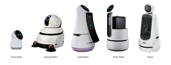 LG전자의 로봇 제품들. 왼쪽부터 가정용 로봇, 청소용 로봇, 안내용 로봇, 포터용 로봇, 올스타 로봇, 공기청정기 로봇.