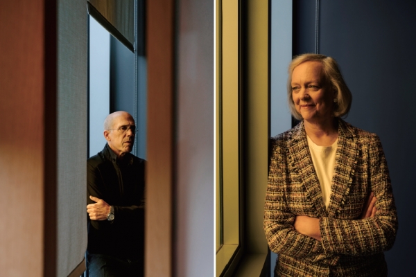 역동적인 듀오 회장 제프리 카첸버그(왼쪽)와 CEO 멕 휘트먼이 공유 오피스 단지 내에 위치한 퀴비 할리우드 본사에서 각각 포즈를 취하고 있다. 사진=US포춘
