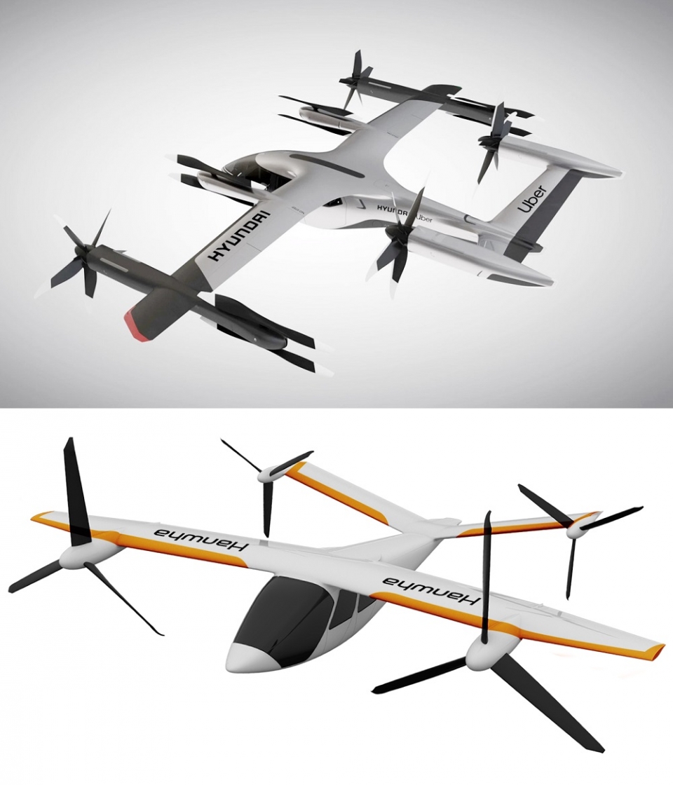 현대자동차와 한화시스템이 각각 선보인 콘셉트 개인항공기 S-A1(위)와 버터플라이. 사진=각 사