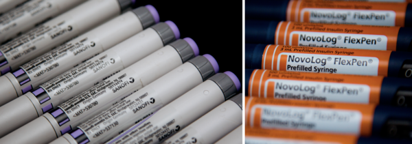 프랑스 거대 제약사 사노피가 만든 인슐린 브랜드 란투스의 가격은 2005년 이후 4배 이상 올랐다. 란투스(왼쪽)나 노보 노르디스크의 노보로그 브랜드(오른쪽)처럼 편리한 주사 펜에 인슐린을 담으면 가격이 더 높아진다. [Alex Flynn—Bloomberg/Getty Images]