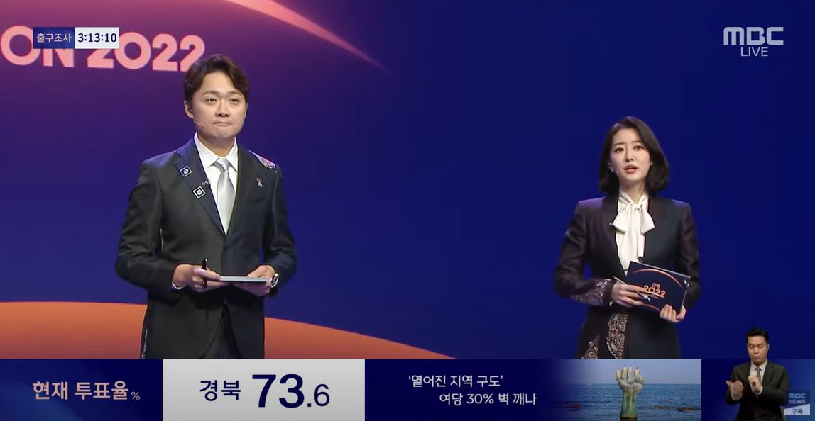 '무료 슬롯사이트'의 한복정장을 입고 개표방송을 진행하는 조현용 기자, 이재은 아나운서 [사진=MBC개표방송 실시간 화면갈무리] 