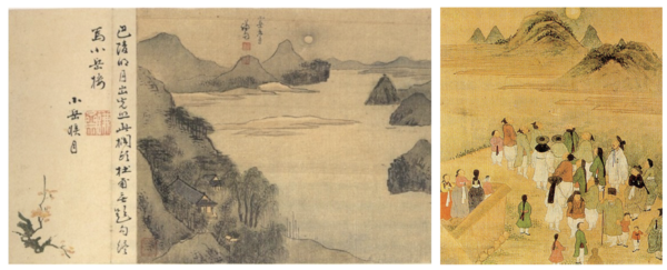 (왼쪽)겸재 정선 '소악후월(小岳候月)'. 영조 17년(1741). 비단에 채색 23.0×29.2㎝, 간송미술관 소장. 소악루 달맞이 광경. (오른쪽)작자 미상, 경직도 병풍 중 ‘달구경’ 그림. 19세기 중후반. 비단에 수묵 채색 149 cm x 44 cm, 독일 게르트루트 크라센 소장.