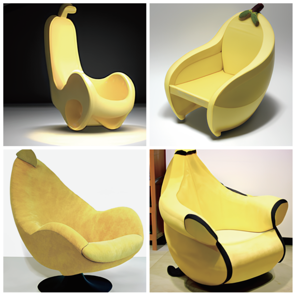 AI 아티스트 '칼로'에 명령어 'banana-shaped chair(바나나 모양의 의자)'를 입력해 얻은 이미지들. [사진=카카오브레인]