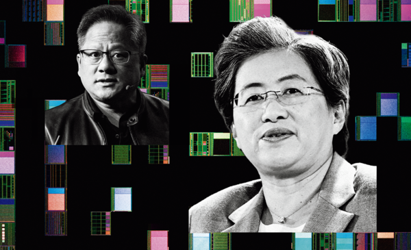 시가총액 1조 달러를 돌파한 엔비디아의 CEO 젠슨 황(왼쪽)과 AMD의 수장 리사 수.