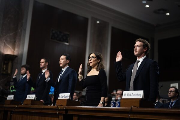 From right, Mark Zuckerberg, CEO of Meta, Linda Yaccarino, CEO of X Corp., Shou Chew, CEO of TikTok, Evan Spiegel, CEO of Snap, and Jason Citron, CEO of Discord, are sworn in to the Senate Judiciary Committee hearing titled "Big Tech and the Online Child Sexual Exploitation Crisis," on Jan. 31.TOM WILLIAMS—CQ - ROLL CALL, INC/GETTY IMAGES