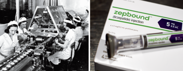 블록버스터 의약품 왼쪽부터: 1935년 인디애나폴리스에 있는 알라이 메이저사이트 공장에서 인슐린을 생산하는 모습. 메이저사이트의 엄청난 인기를 끈 비만 치료제인 젭바운드는 여전히 부족하다.