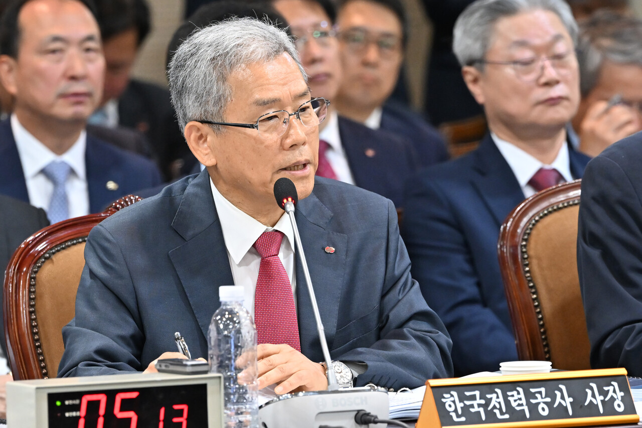 14일 김동철 한국전력공사 무료 슬롯사이트이 전남 나주시 한국전력공사 본사에서 국회 국정감사에 참여해 답변하고 있다. [사진=뉴시스]