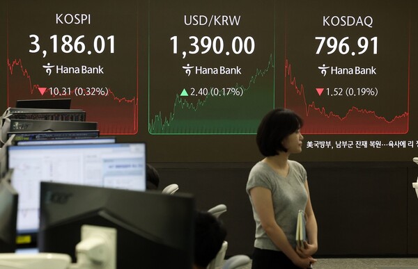 29일 오후 서울 중구 하나은행 본점 딜링룸. [사진=뉴시스]